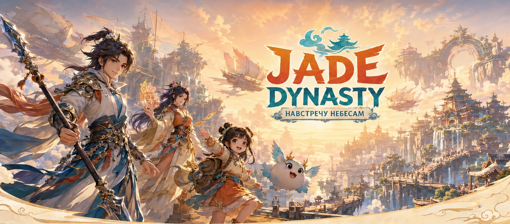 Герои Jade Dynasty на фоне небесного города